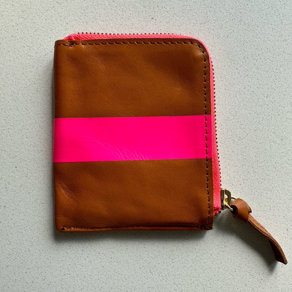 Clare V. Corner Zip Wallet Tan and Neon Pink